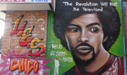 Commemorative street art in New York City, by Chico, depicting Gil Scott-Heron, the first rapper ever and first ever rap song