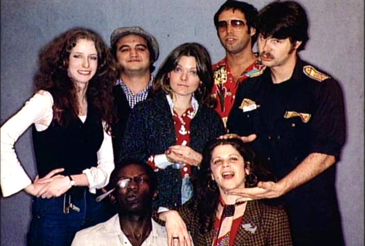 The original 1975 cast, from left to right: Laraine Newman, John Belushi, Jane Curtin, Gilda Radner, Dan Aykroyd, Garrett Morris, and Chevy Chase